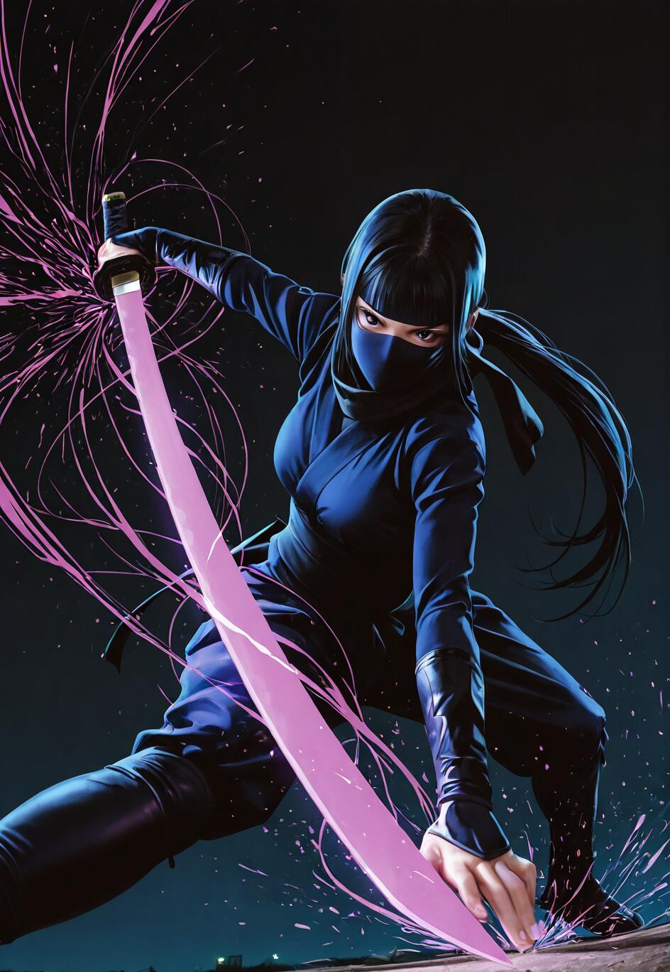 Uma ninja, vestida com um fato e máscara azul-escuros, está agachada numa postura de combate, segurando uma katana com uma lâmina roxa brilhante que emite jatos de energia rosa contra um fundo escuro.