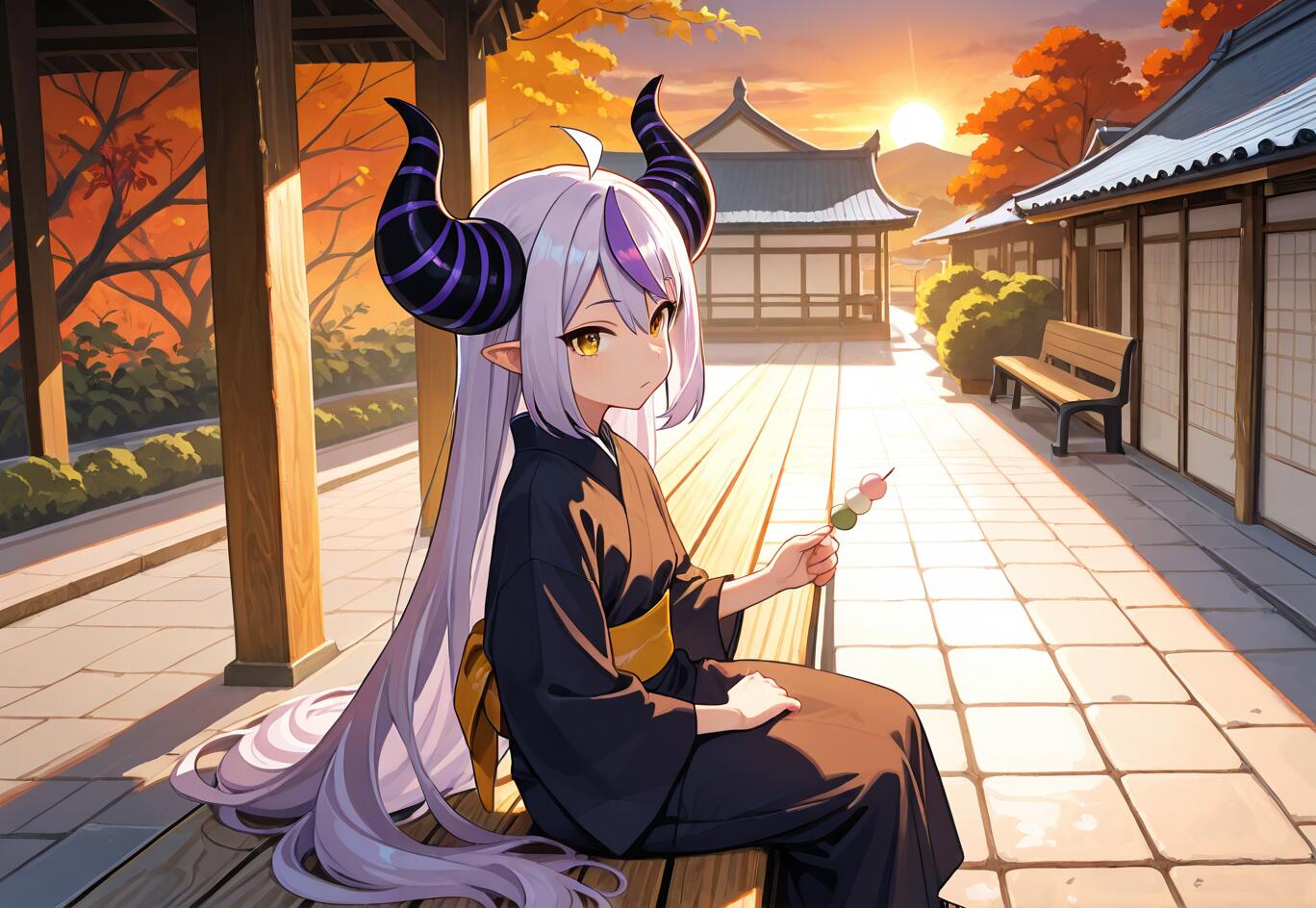 Uma ilustração no estilo anime de La+ Darknesss, do Hololive, uma rapariga de cabelo roxo e grandes chifres, sentada numa varanda de madeira num cenário tradicional japonês ao pôr do sol, segurando um espeto de dango.