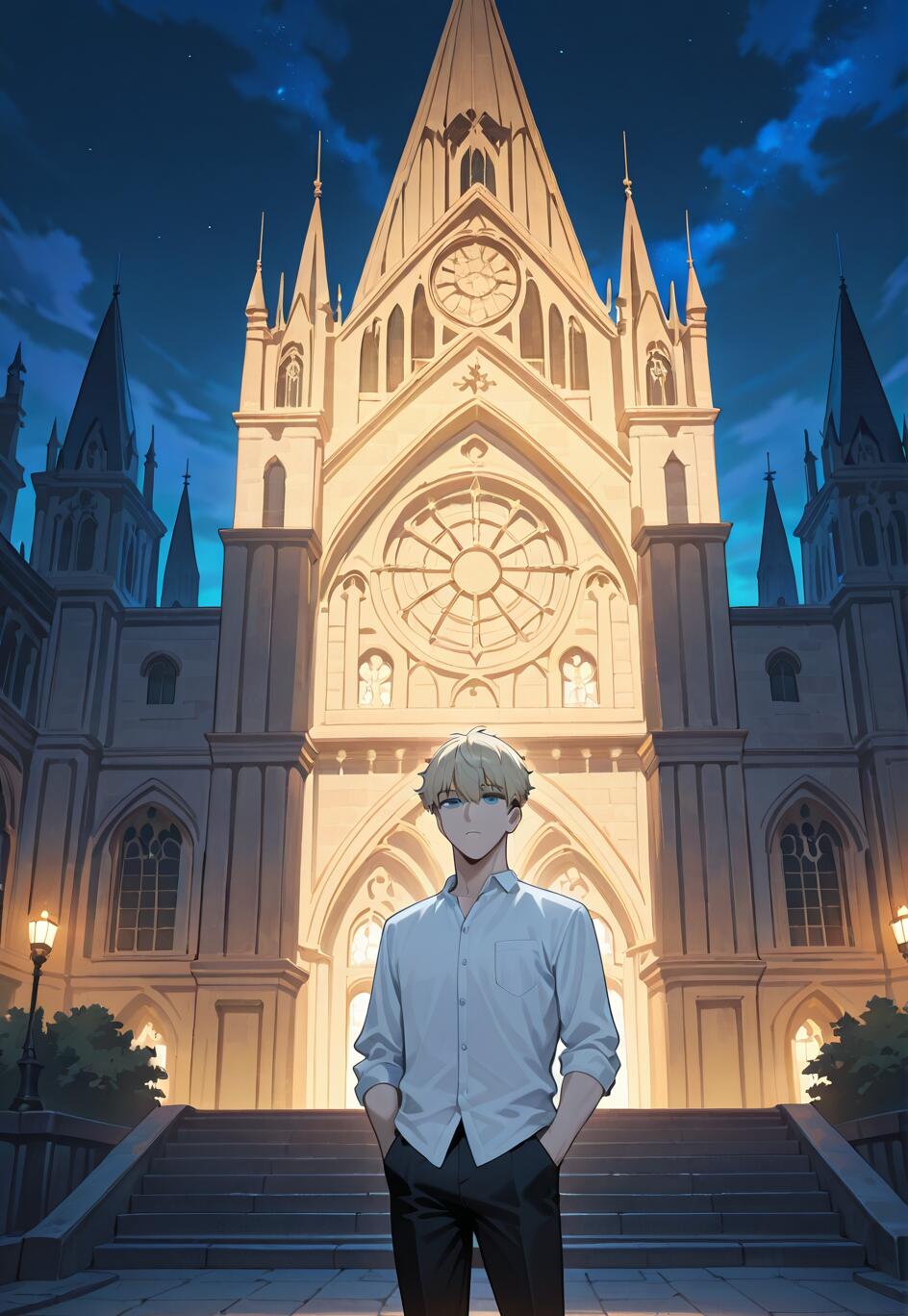 Uma ilustração em estilo anime de Loid Forger, de Spy x Family, em pé sobre degraus de pedra em frente a uma imponente catedral gótica iluminada durante a noite. Ele tem cabelo loiro e olhos azuis, e veste uma camisa branca com gola e calças pretas, com as mãos nos bolsos, olhando para o observador.