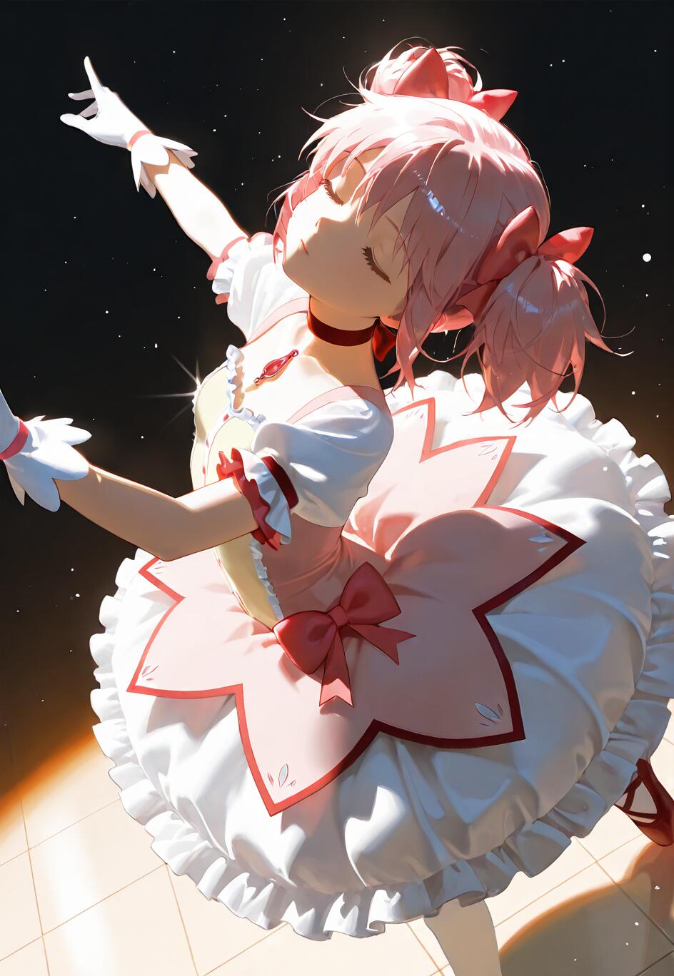 Madoka Kaname, da série Puella Magi Madoka Magica, veste um vestido cor-de-rosa e branco, no estilo de bailarina, e dança com elegância sob um foco de luz, com os olhos fechados, num cenário estrelado.