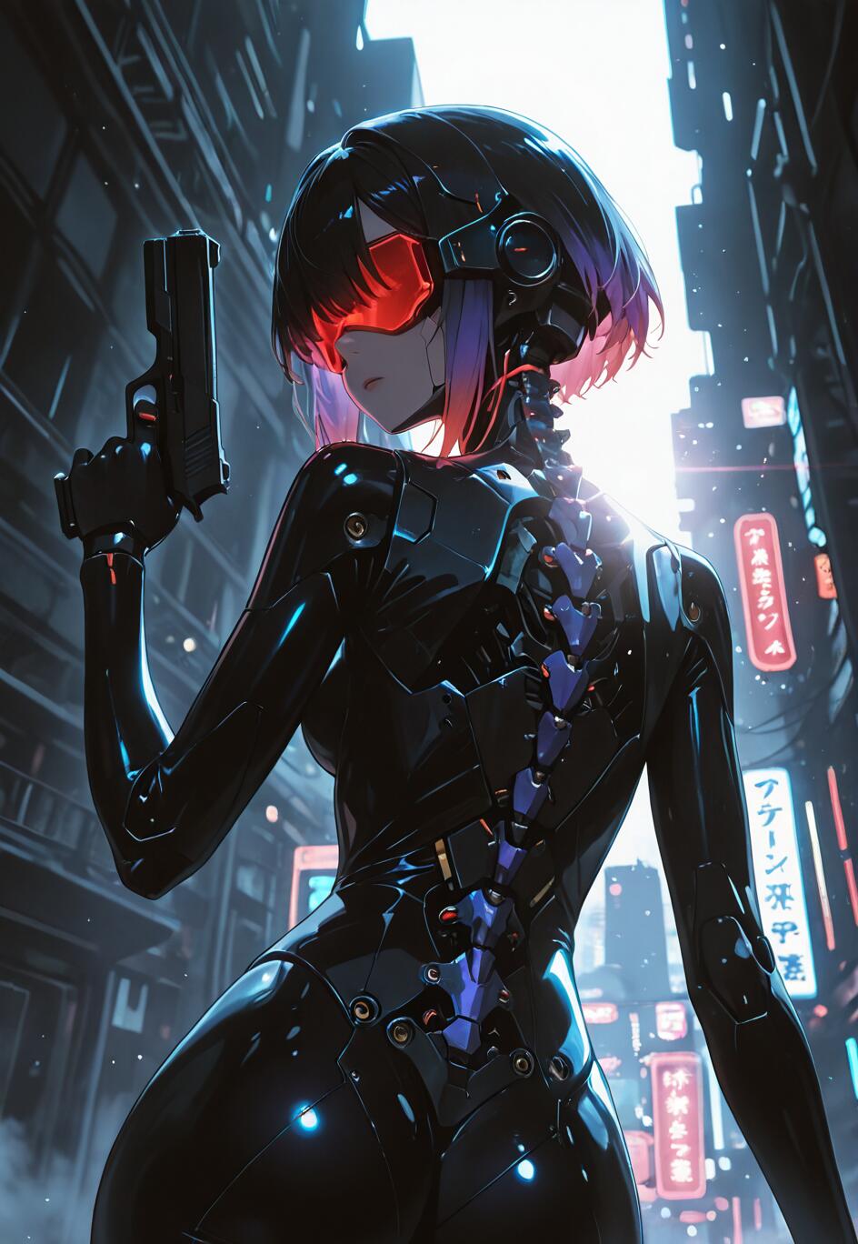 Uma ilustração em estilo anime da ciborgue Motoko Kusanagi, da série Ghost in the Shell. Ela tem cabelo curto e roxo, usa uma viseira vermelha e veste um fato cibernético preto, com a coluna vertebral mecânica exposta. Ela segura uma pistola e olha por cima do ombro, em uma cidade futurista à noite, repleta de letreiros de néon.