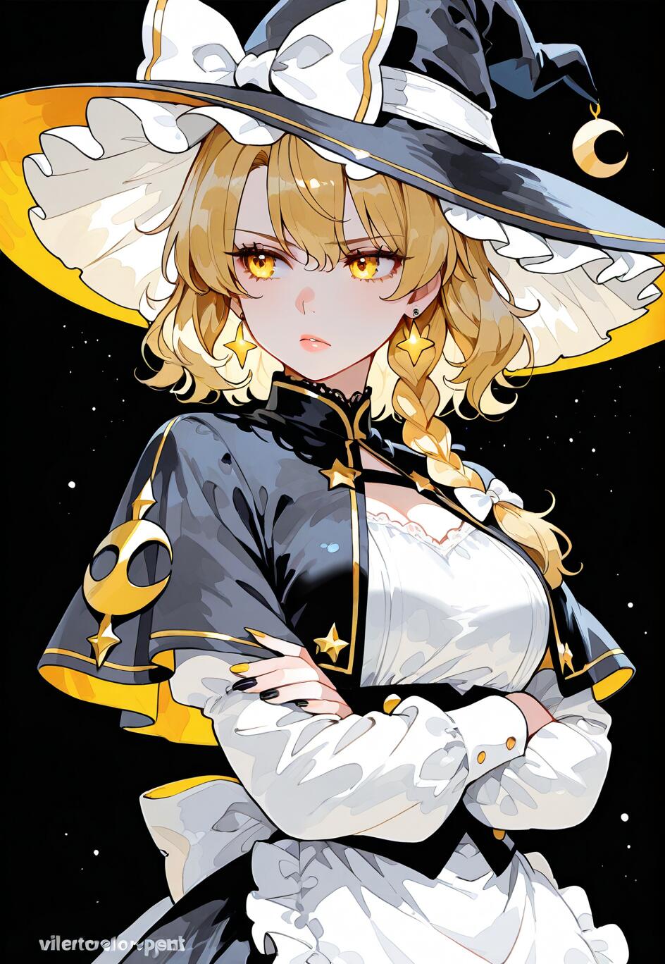 Uma ilustração no estilo anime de Marisa Kirisame, da série Touhou Project. Uma bruxa loira com olhos amarelos brilhantes, vestindo um grande chapéu preto com um laço branco e um vestido preto e branco, está em pé com os braços cruzados, em frente a um fundo preto e estrelado.