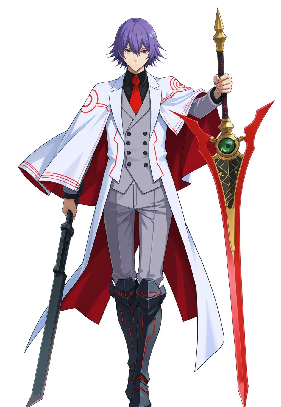 Ilustração do personagem Mcburn, do videojogo Trails of Cold Steel, mostrando-o em corpo inteiro. O homem, de cabelos roxos, veste um casaco branco e um fato cinzento, e segura uma grande espada vermelha e dourada, com uma bainha preta, num fundo branco e simples.