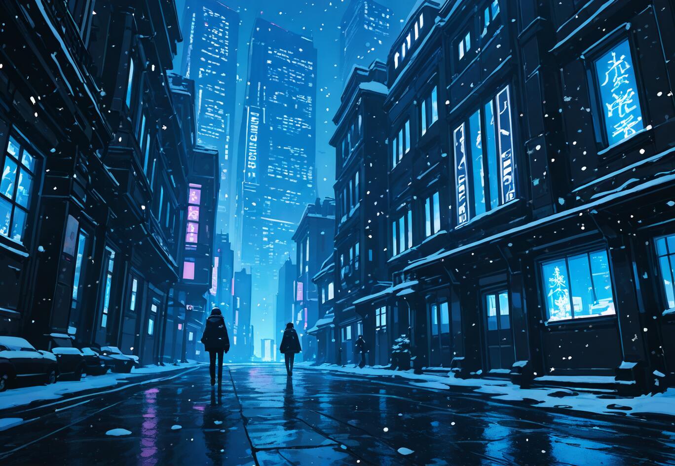 Uma pintura digital que retrata uma rua futurista e coberta de neve, durante a noite. Duas pessoas, vestidas com casacos de inverno, estão a afastar-se do observador, caminhando por uma rua molhada, ladeada por edifícios com letreiros de néon azuis e roxos que emitem luz.