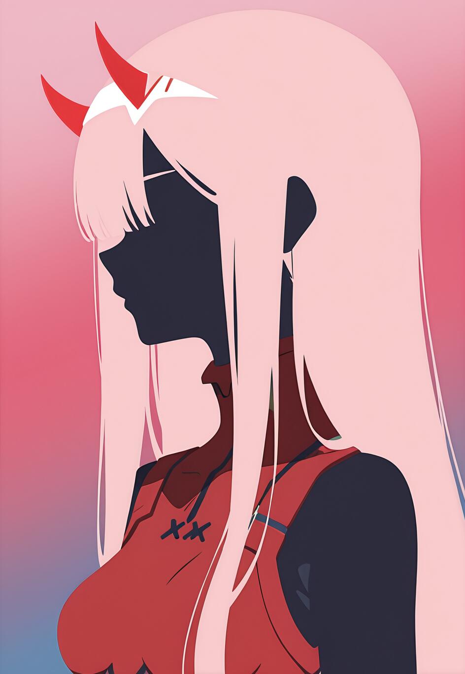Uma ilustração minimalista do perfil lateral da personagem de anime Zero Two. Ela tem longos cabelos cor-de-rosa, chifres vermelhos e um fato vermelho. O seu rosto e corpo são representados como uma silhueta escura sobre um fundo com um degradê de cores rosa e azul.