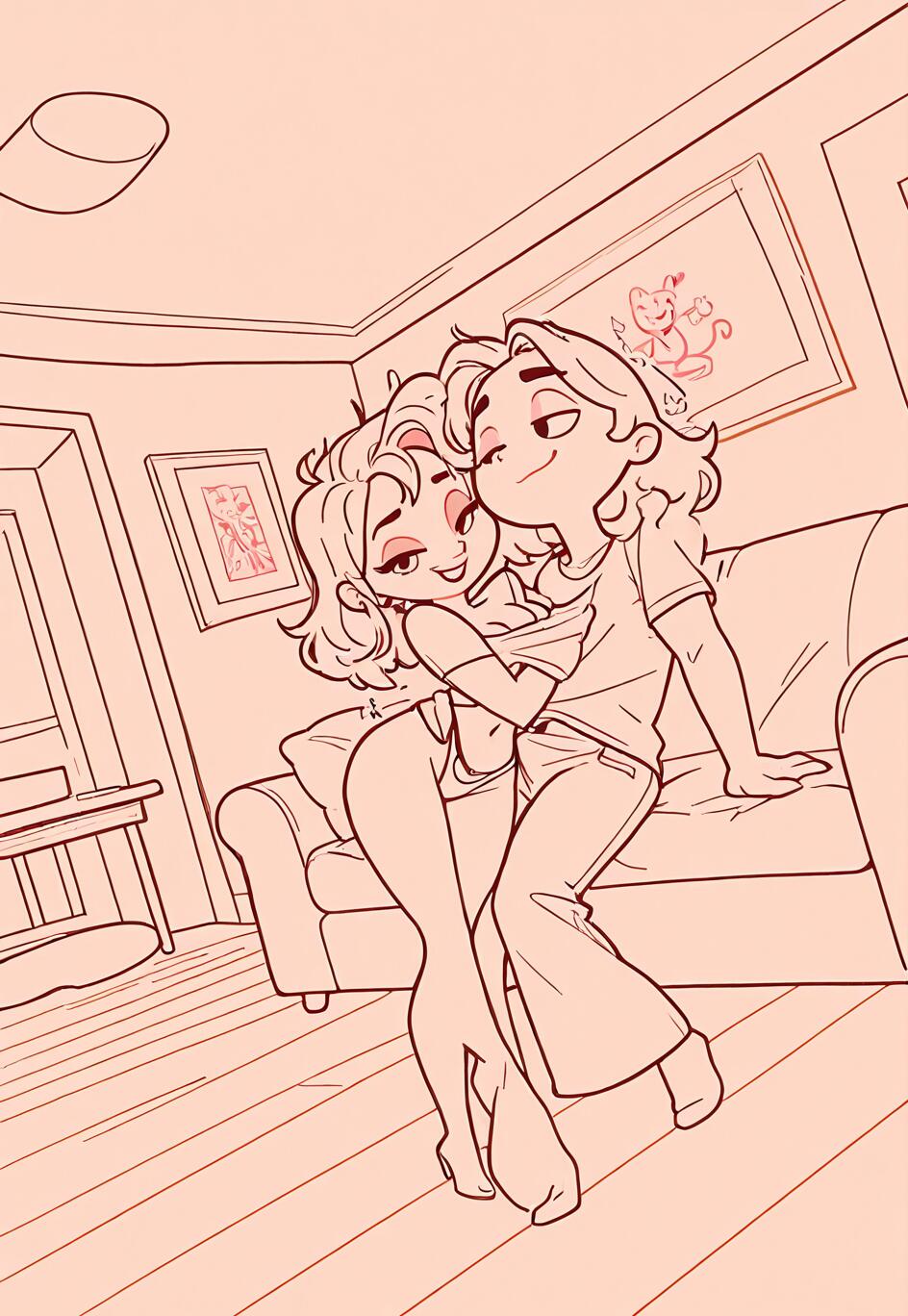 Um desenho em estilo de banda desenhada, com traços simples, que representa um homem e uma mulher abraçando-se de forma divertida numa sala de estar. O homem, sentado no apoio de um sofá, levanta a parte de cima da roupa da mulher, que está de pé em frente a ele, e ambos sorriem um para o outro.