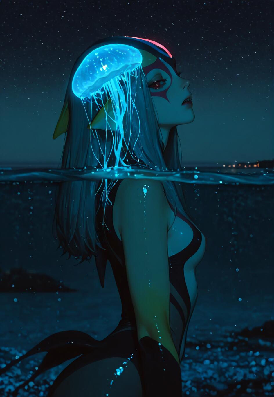 Uma ilustração da personagem de anime Mutio, de Blue Submarine No. 6, em pé no oceano durante a noite. Uma grande água-viva azul bioluminescente está pousada sobre a sua cabeça, como um chapéu, iluminando o seu rosto e os seus cabelos grisalhos contra o céu estrelado.