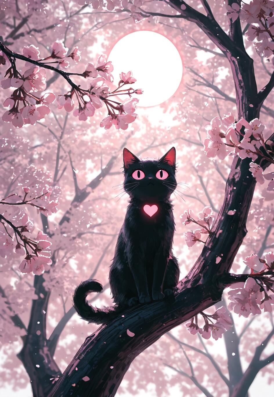 Um gato preto, com grandes olhos cor-de-rosa e um coração cor-de-rosa brilhante no peito, está sentado num ramo de uma cerejeira, sob a luz de uma lua cheia e branca.