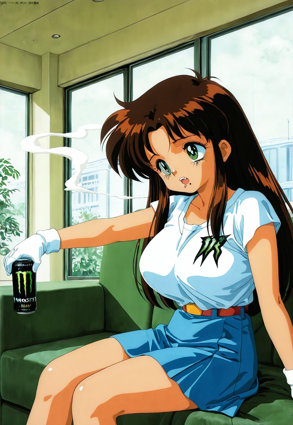 Uma ilustração no estilo anime dos anos 90, retratando Natsumi Tsujimoto, da série «You’re Under Arrest», sentada num sofá verde, segurando uma lata de Monster Energy, com fumo a pairar por perto.