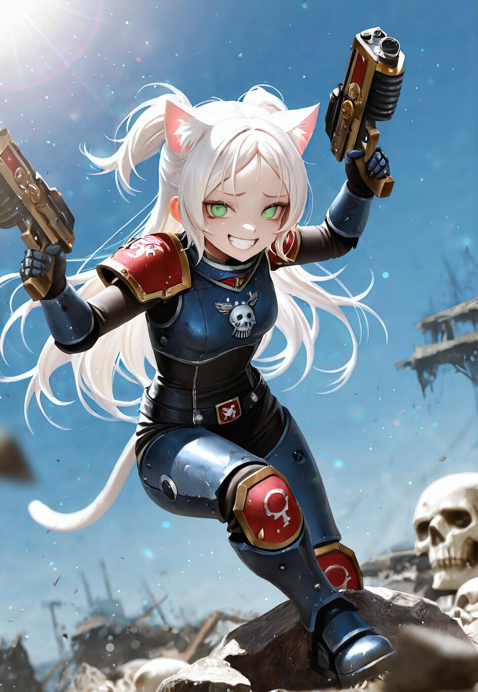 Uma personagem de anime, uma rapariga-gato com cabelo branco e olhos verdes, vestida com uma armadura de combate azul e vermelha, no estilo de Warhammer 40k, empunhando alegremente duas pistolas num campo de batalha desolado.
