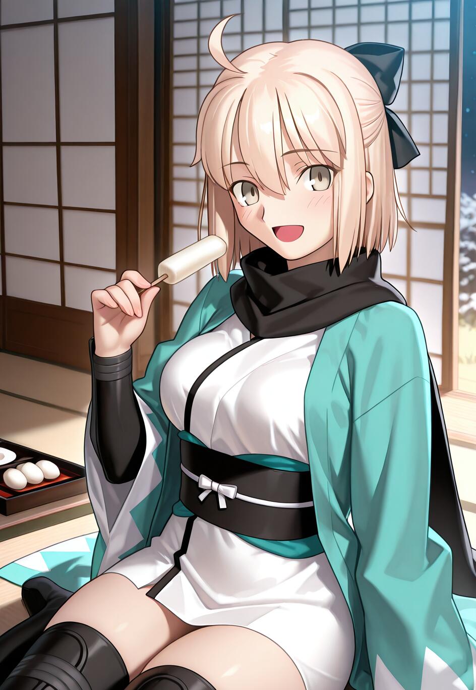 Okita Souji, uma personagem loira de anime do jogo Fate/Grand Order, sorri calorosamente enquanto está sentada num quarto tradicional japonês, segurando um dango. Ela veste um haori cor de turquesa sobre um quimono branco.