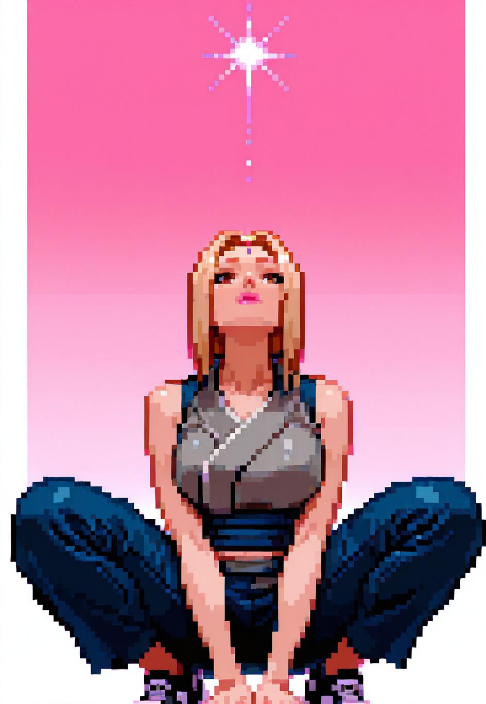 Uma ilustração em estilo pixel art de Tsunade, da série Naruto, numa pose agachada, olhando para cima, em direção a uma única estrela brilhante, contra um fundo rosa.