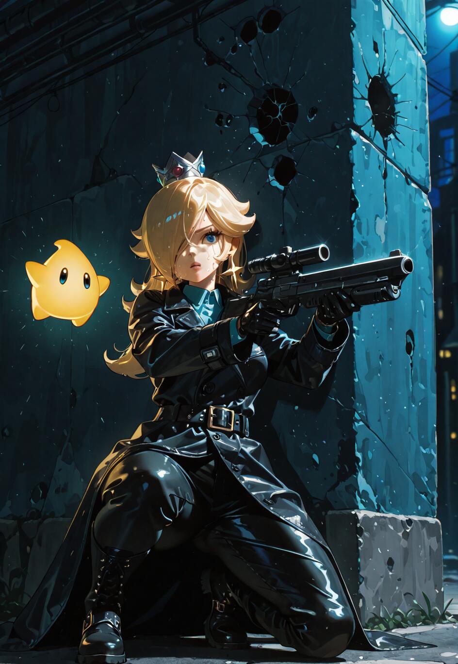 Uma ilustração no estilo anime da Princesa Rosalina, de Super Mario, vestida com um sobretudo e calças de couro pretos, ajoelhada em um beco escuro e apontando um rifle de precisão. Uma pequena criatura estelar amarela e brilhante, uma Luma, flutua ao lado dela.