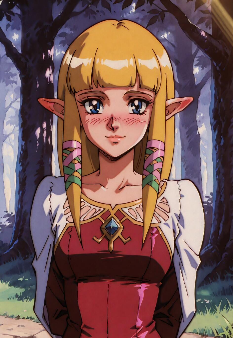 Uma ilustração da Princesa Zelda, de Skyward Sword, representada em um estilo de anime dos anos 90. Ela tem longos cabelos loiros, orelhas pontudas e olhos azuis, e está corada, com um sorriso suave. Ela veste um vestido rosa e vermelho com um xale branco, em uma floresta.