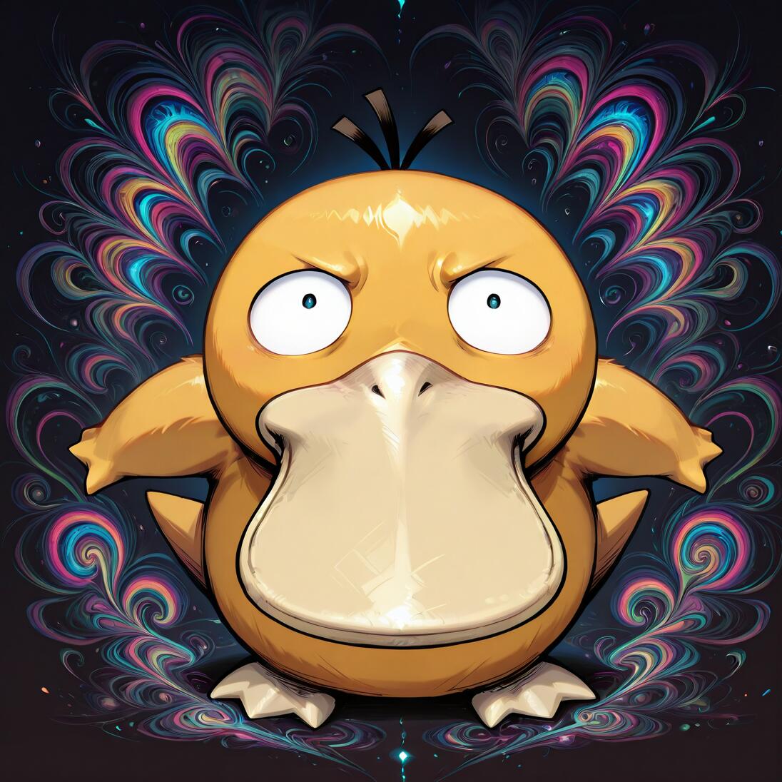 O Pokémon Psyduck está em destaque, no centro da imagem, com uma expressão confusa e tensa, olhos arregalados e testa franzida. Atrás dele, um fundo escuro é iluminado por um padrão simétrico e vibrante, com cores psicadélicas em tons de rosa, azul, amarelo e verde, que se movem em espiral.