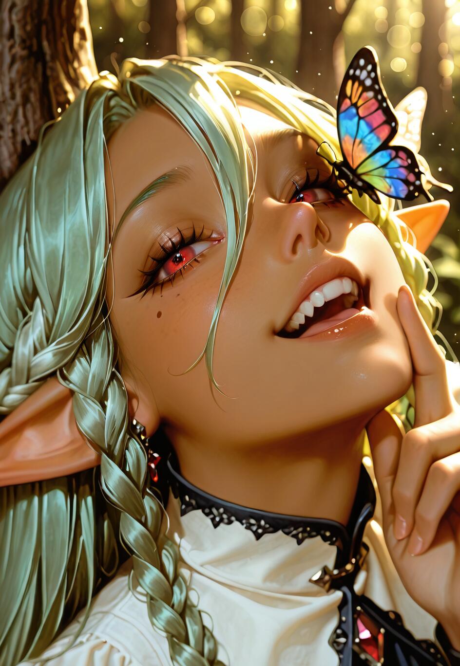 Uma ilustração em close-up de Rosalinde, de Unicorn Overlord, uma elfa negra com cabelos verdes trançados e olhos vermelhos. Ela está sorrindo alegremente enquanto uma borboleta colorida pousa em seu rosto, em uma floresta ensolarada.