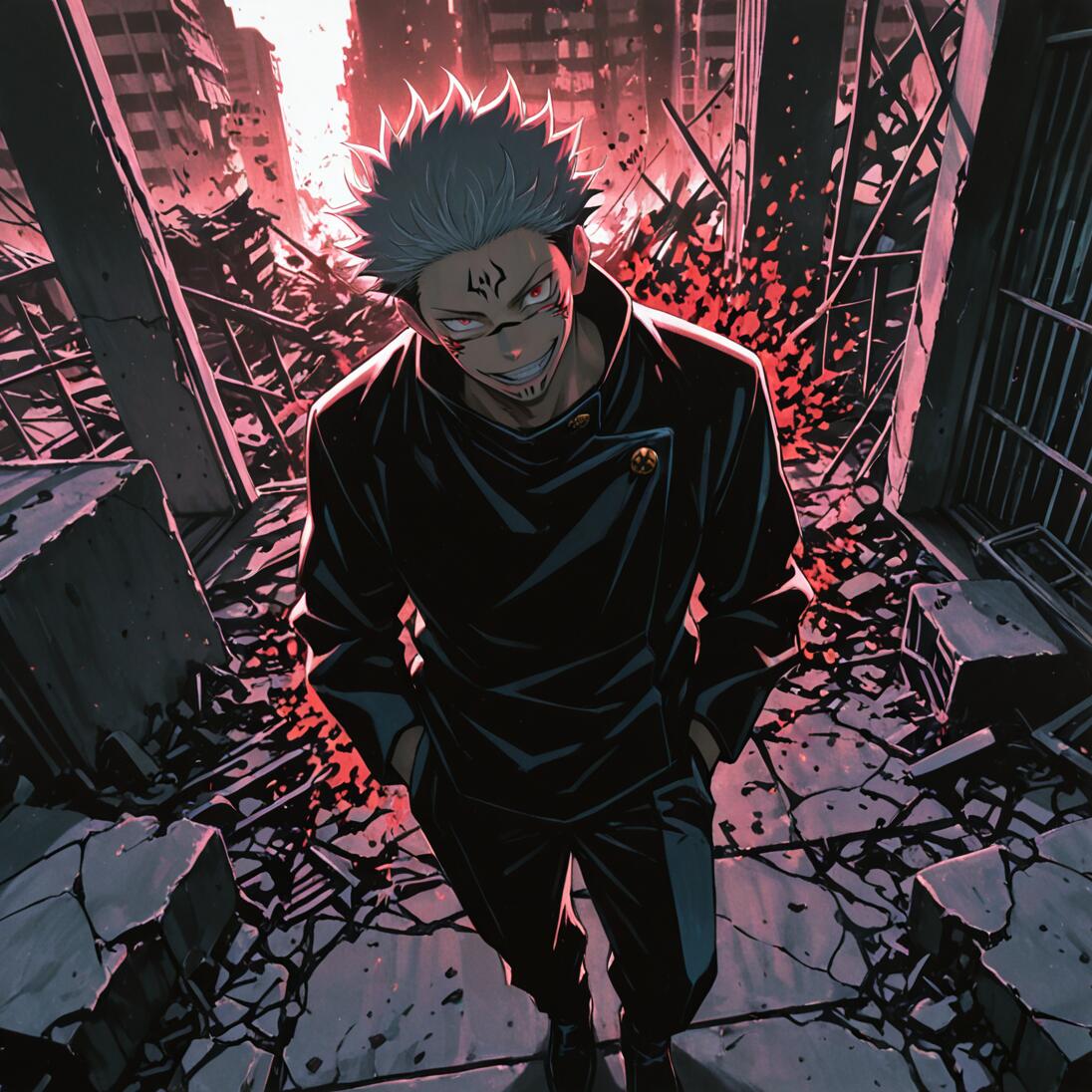 Ryomen Sukuna, de Jujutsu Kaisen, em pé numa cidade destruída, com um sorriso ameaçador, olhando para a câmara num ângulo elevado.