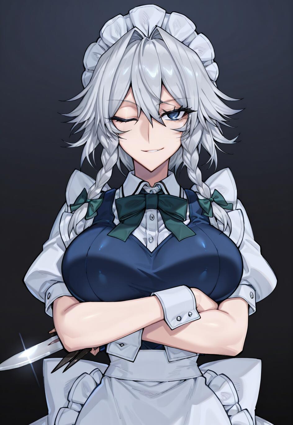 Sakuya Izayoi, da série Touhou Project, uma empregada com cabelos prateados trançados, piscando o olho e sorrindo de forma provocadora, com os braços cruzados e segurando uma faca contra um fundo escuro.