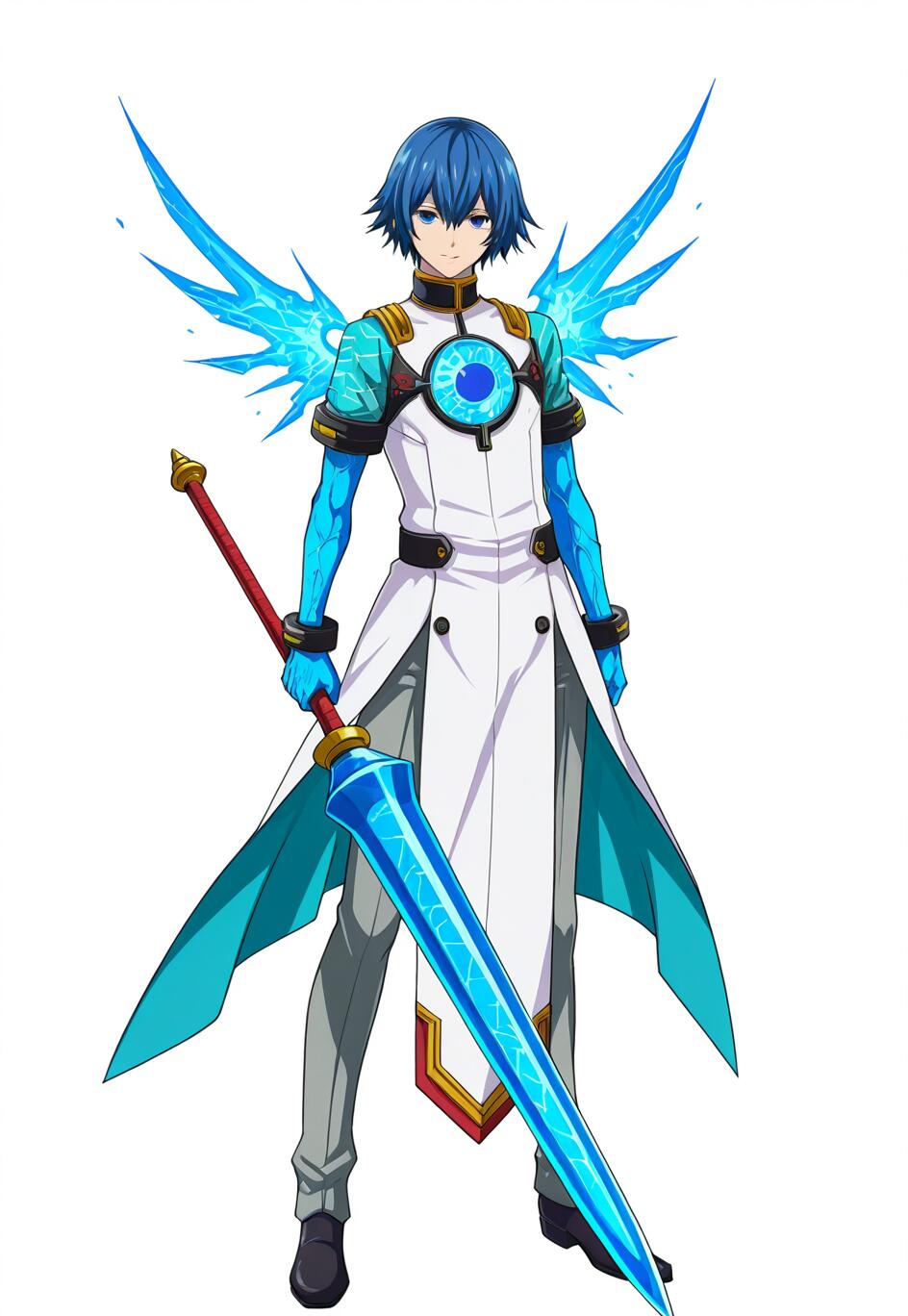 Ilustração de corpo inteiro de Sei, de BlazBlue Alternative: Dark War, um jovem com cabelo azul e asas de cristal azul, segurando uma grande lança azul e vermelha sobre um fundo branco.