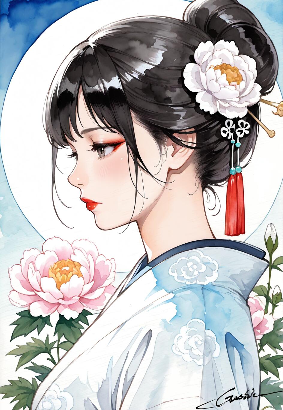 Um retrato em estilo anime, feito com aguarela, de uma mulher do leste asiático, com cabelos pretos presos em um coque, adornada com uma flor de peónia branca e um enfeite de borla vermelha. Ela veste um robe tradicional azul e branco e está emoldurada por um fundo com uma lua cheia e mais flores de peónia.