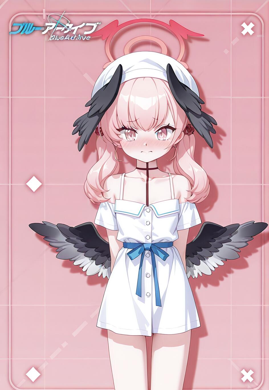 Ilustração de corpo inteiro de Shimoe Koharu, do jogo Blue Archive. Ela tem cabelo cor-de-rosa e está vestida com um vestido branco de verão e uma fita azul, olhando para o observador com uma expressão um pouco confusa, em frente a um fundo cor-de-rosa.