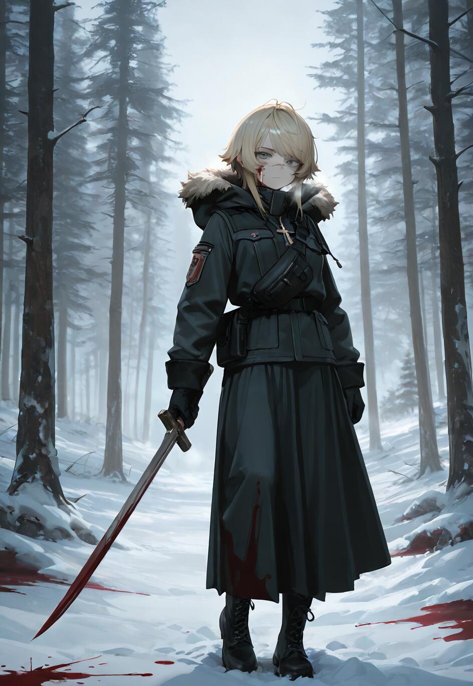 Uma ilustração de corpo inteiro de Tanya von Degurechaff, da obra «A Saga de Tanya, a Malvada», em pé numa floresta coberta de neve, segurando uma espada ensanguentada e olhando fixamente para o observador.