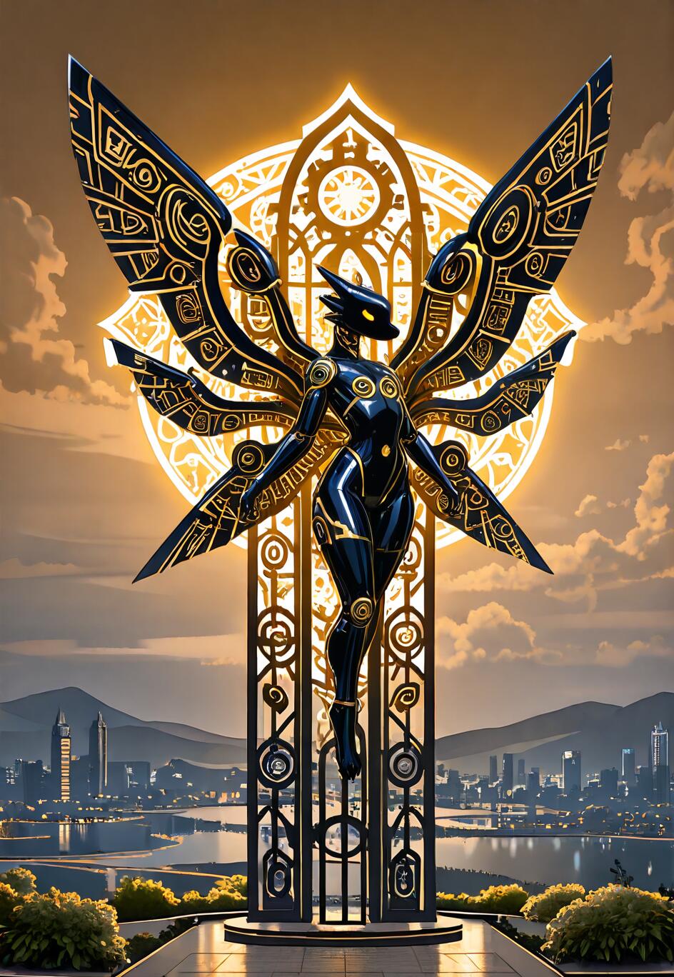 Uma estátua alta, em preto e dourado, representando uma figura robótica alada com uma cabeça semelhante à de um animal, colocada em frente a um halo dourado brilhante e com vista para o horizonte de uma cidade futurista ao entardecer.