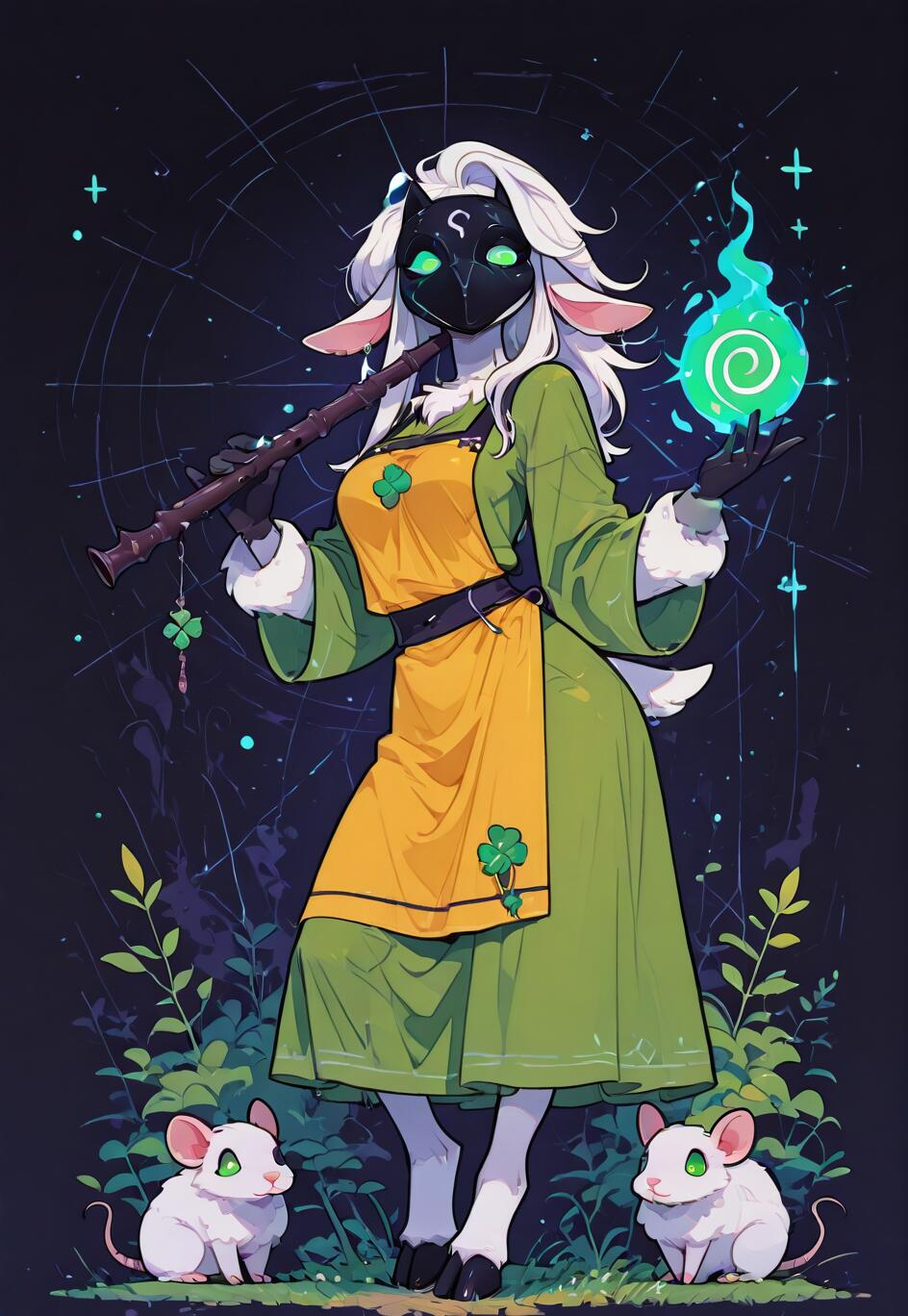 Uma ilustração de corpo inteiro de uma personagem antropomórfica em forma de cordeiro, inspirada na personagem Kindred do jogo League of Legends. Ela usa uma máscara preta, uma túnica verde e um avental amarelo com trevos. Ela está tocando uma flauta e segurando uma esfera de magia verde, com dois ratos brancos aos seus pés.