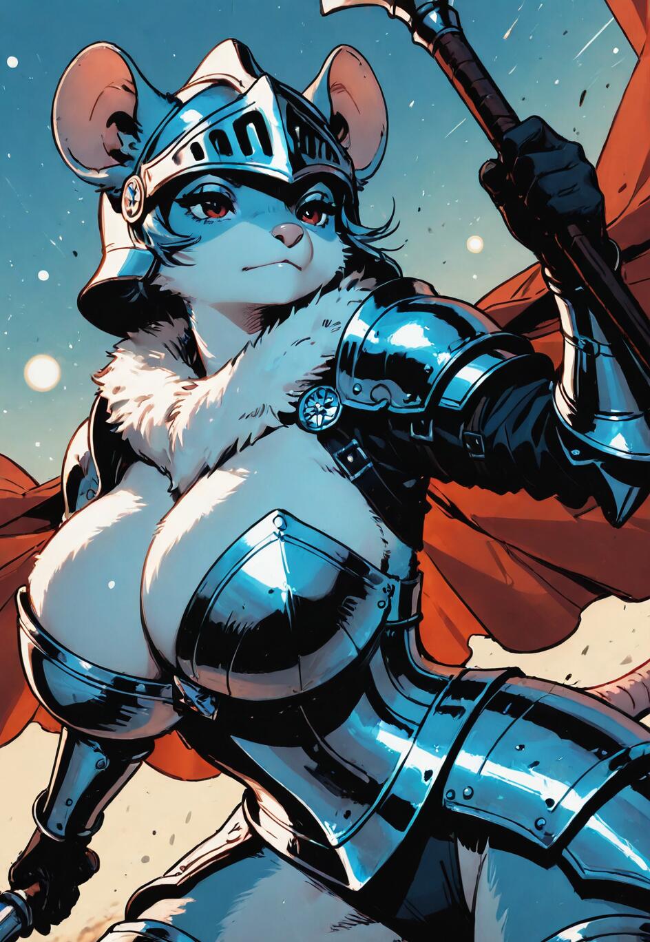 Uma ilustração digital de uma guerreira antropomórfica, com aparência de rato, vestida com uma armadura completa de placas e um capacete, segurando um mangual e com uma capa vermelha esvoaçante atrás dela. Ela tem uma expressão determinada no rosto.