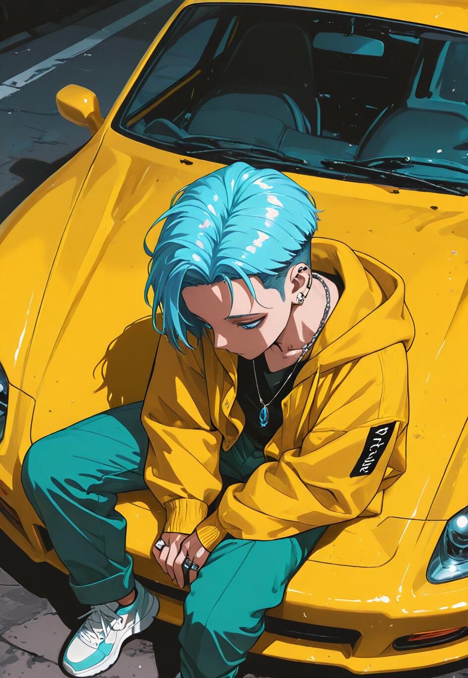 Uma ilustração em estilo anime de um jovem com cabelo azul e um casaco amarelo, sentado no capô de um carro esportivo amarelo, olhando para baixo.