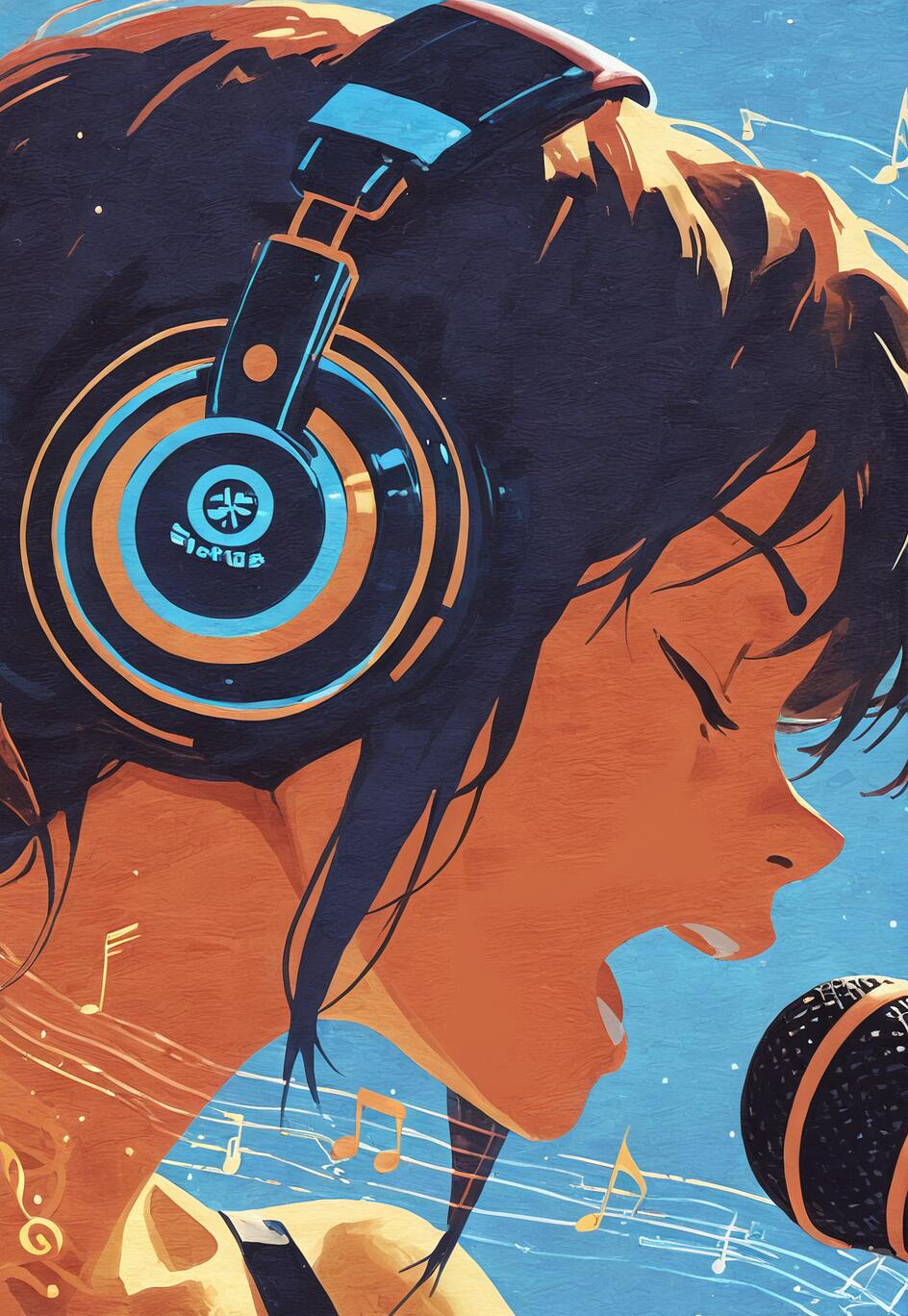 Um retrato estilizado, com traços de pintura, de uma jovem morena, usando grandes fones de ouvido e cantando de olhos fechados em frente a um microfone, com um fundo azul adornado com notas musicais.