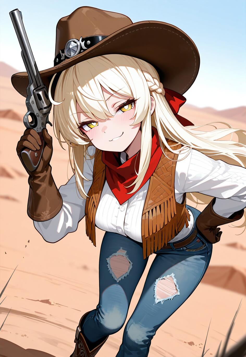 Uma ilustração em estilo anime de uma cowgirl loira, identificada como Lumine, de Genshin Impact, num deserto. Ela usa um chapéu de cowboy, um colete com franjas e calças de ganga rasgadas, sorrindo de forma satisfeita enquanto aponta uma pistola para o espectador.