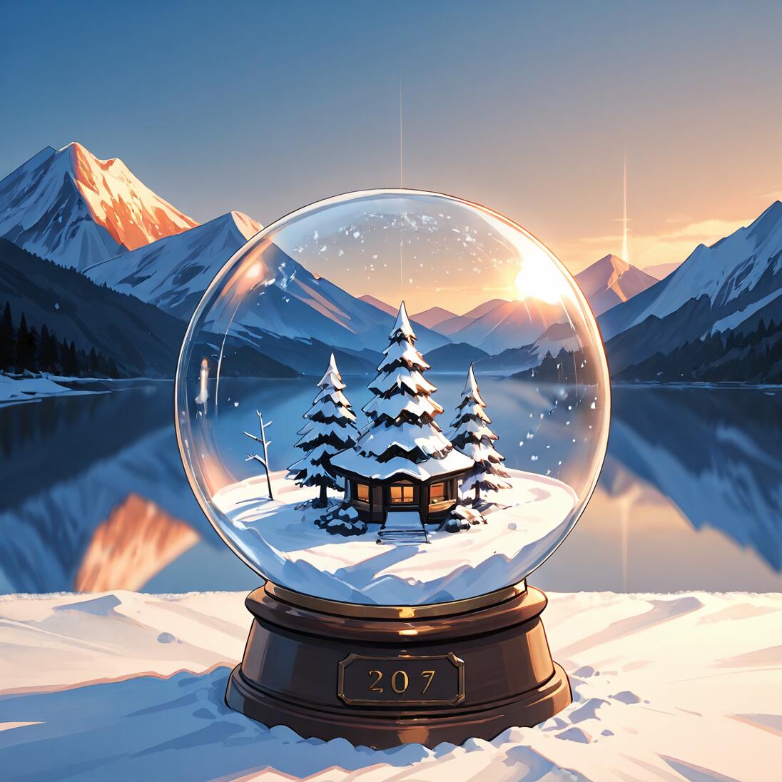 Um globo de neve de vidro que contém uma miniatura de uma paisagem invernal, com uma cabana e árvores, emoldurada por uma paisagem real de uma cordilheira coberta de neve e um lago calmo ao amanhecer.