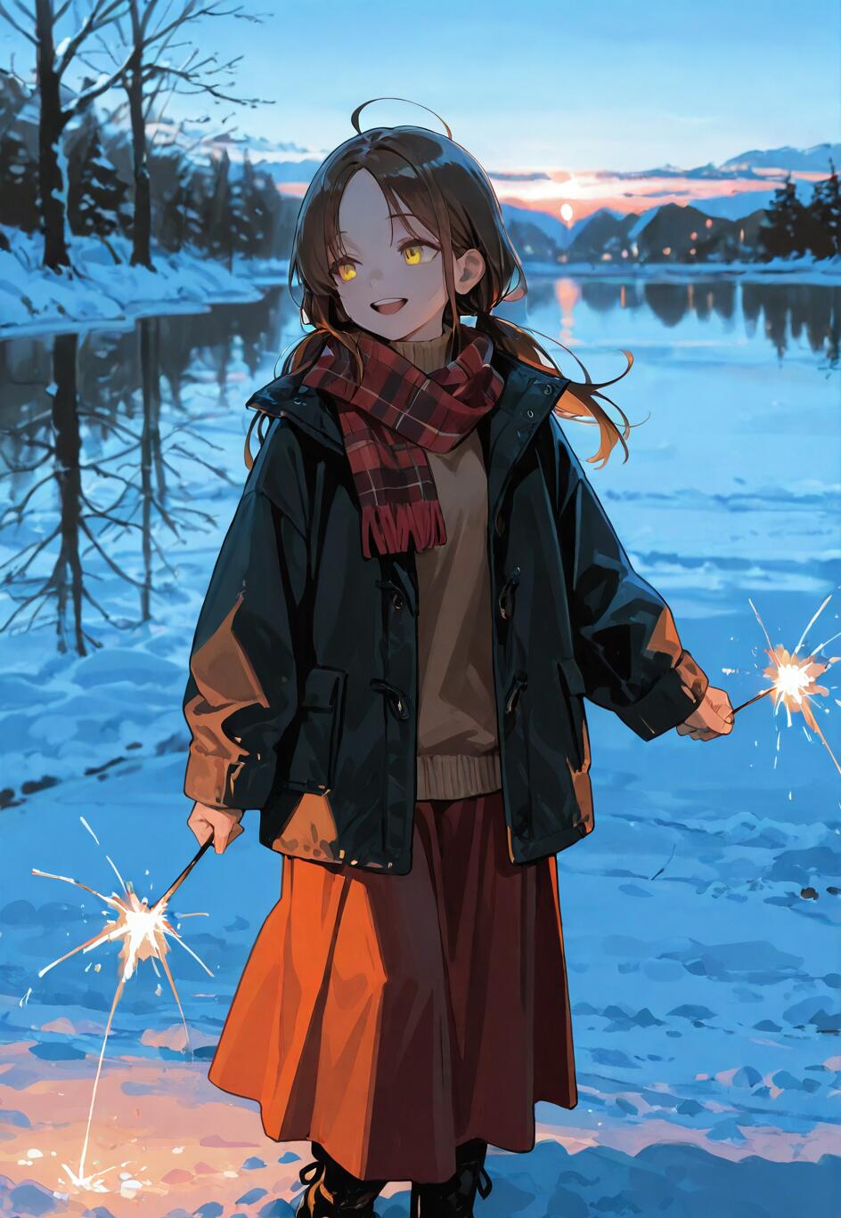 Uma ilustração em estilo anime de uma menina sorridente, com cabelo castanho e olhos amarelos, vestida com um casaco de inverno e um cachecol, segurando dois fogos de artifício acesos numa paisagem nevada, perto de um lago, ao entardecer.
