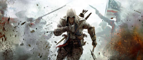 Connor Kenway, de Assassin's Creed III, vestindo suas características vestes e capuz...