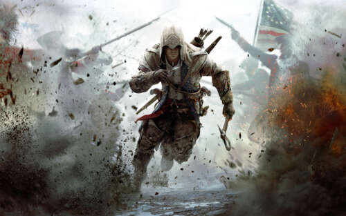 Connor Kenway, de Assassin's Creed III, vestindo suas características vestes e capuz... 7680x4800