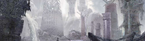 Um detetive, em pé no meio de ruínas decadentes e sinistras, sob um céu ameaçador,...