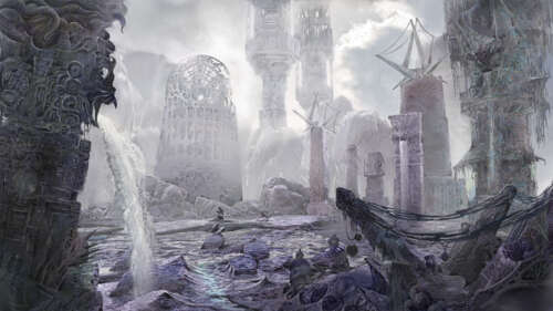 Um detetive, em pé no meio de ruínas decadentes e sinistras, sob um céu ameaçador,... 8K