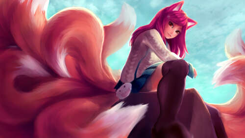 Ahri, da League of Legends, com orelhas e caudas de raposa, uma saia e meias que... 8K