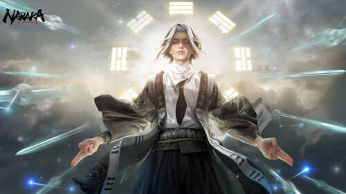 Um personagem mago do jogo Naraka: Bladepoint, realizando um feitiço mágico com efeitos... 8K