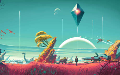 Um personagem de ficção científica, conhecido como Viajante, do jogo No Man's Sky,... 7680x4800
