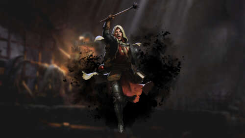 Um personagem de fantasia sombria, vestido com uma pesada armadura medieval, parado... 8K