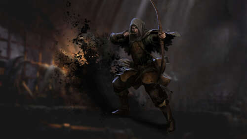 Um guerreiro de fantasia sombria explora um corredor escuro e labiríntico de uma... 8K