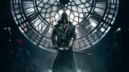 Um retrato detalhado de Jacob Frye, personagem do videojogo Assassin's Creed Syndicate. 8K