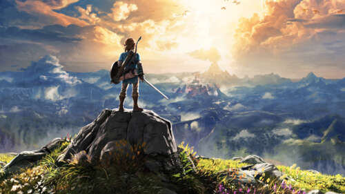 Link, de The Legend of Zelda: Breath of the Wild, observa as vastas paisagens de... 8K