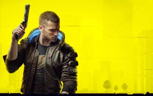 Uma personagem futurista com implantes cibernéticos azuis brilhantes, em pé num ambiente... 7680x4800