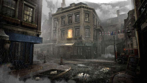 Uma rua escura e chuvosa em Londres, com um edifício de estilo vitoriano, inspirada... 8K