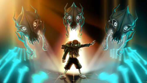 Sans, personagem do videojogo Undertale, exibindo a sua aparência esquelética icónica...