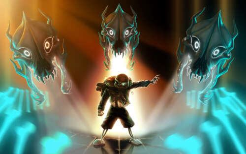 Sans, personagem do videojogo Undertale, exibindo a sua aparência esquelética icónica... 7680x4800