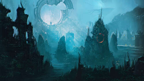 Vista subaquática das profundezas do oceano, mostrando ruínas de pedra antigas e... 8K